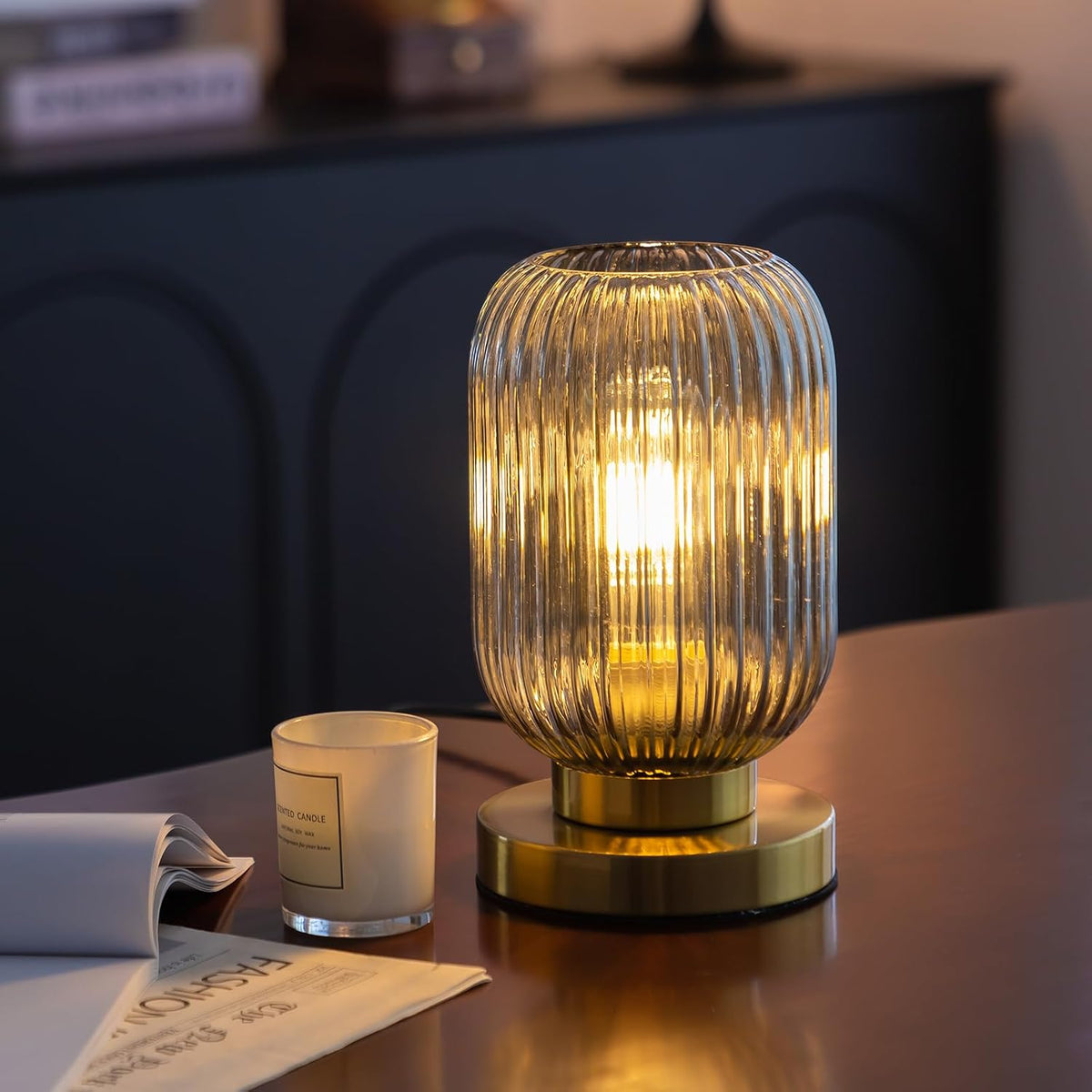 Modern Bedside Table Lamp, Smoky Gray Glass Table Lamp, Plug in