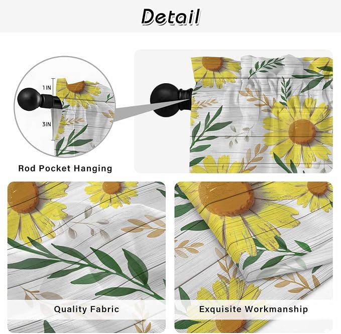 Yellow Daisy Kitchen Curtains, Farmhouse Country Flower Leaf Plant Wood Grain