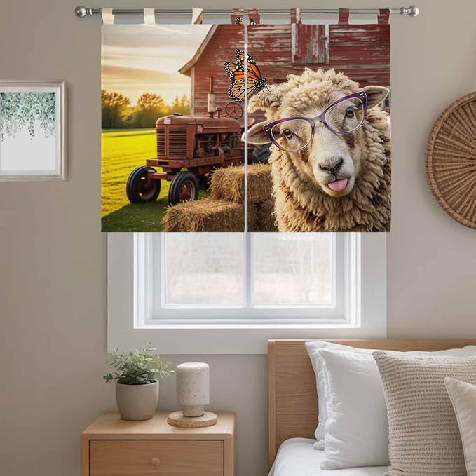 Farm Sheep Kitchen Curtains 45 Inch Length, Short Cafe Window Curtains Tab Top