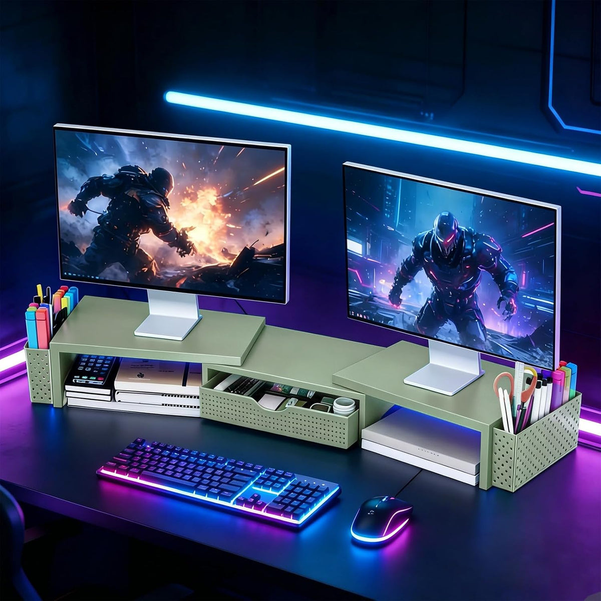 Spacrea Dual Monitor Stand Riser with Drawer and 2 Pen Holders