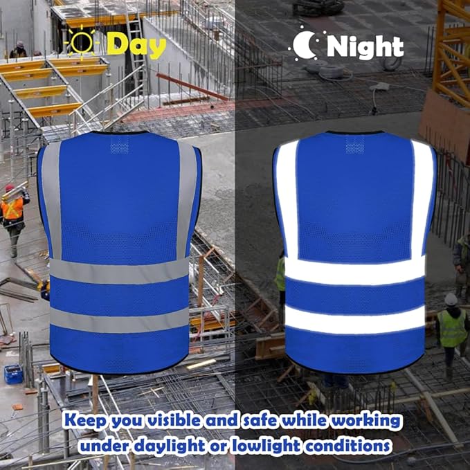 10 Pack Mesh Safety Vest Custom Logo High Visibility Reflective Vest with Pockets Security Work Vest(Blue,M)