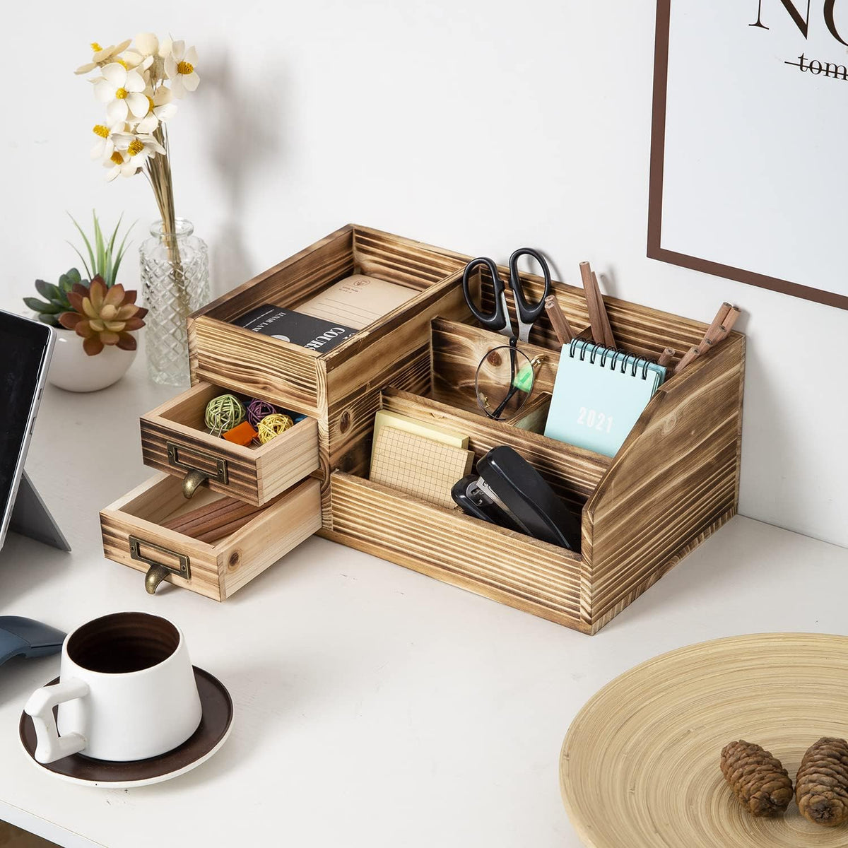 Distressed Rustic Wooden Office Desktop Drawers Organizer Wood Shelf Tabletop Home Organizer Storage with Multiple Compartments,perfect Jewelry storage Display Box for Desk, Vanity (Dark Brown)