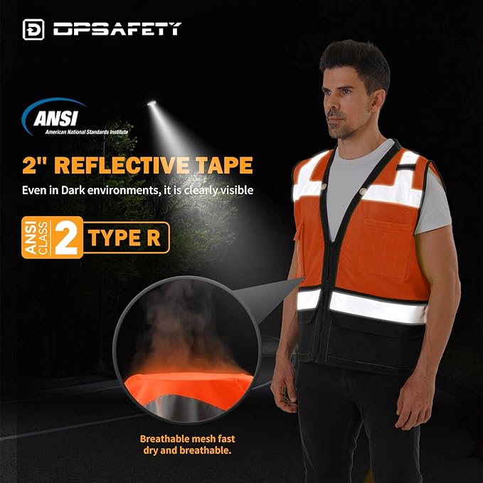 Reflective Safety vest With back plan pocket,High visibility Class 2 Heavy Duty Surveyor Vest with Zipper,Hi Vis Construction Work Vest for Men&Women ANSI/ISEA(Orange-Bottom,2XL)