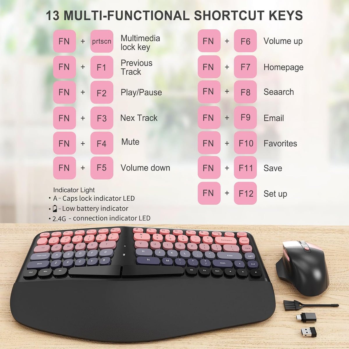 Ergonomic Wireless Keyboard Mouse, Mechanical Gaming Set with Wrist Rest