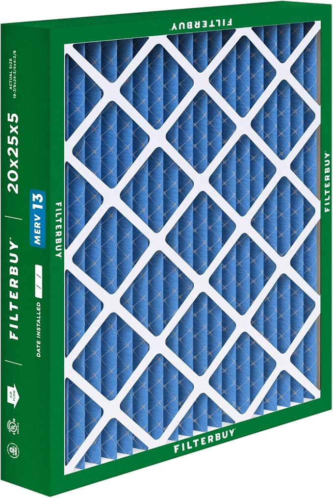 Filterbuy 20x25x5 Air Filter MERV 13 Optimal Smoke & Allergy Defense, Pleated