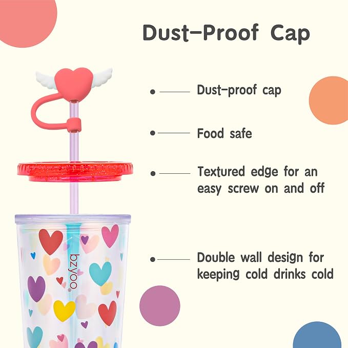 bzyoo 24 oz SIP Tumbler with Heart-Shaped w/Wing Straw Cap Cover – Cute Heart