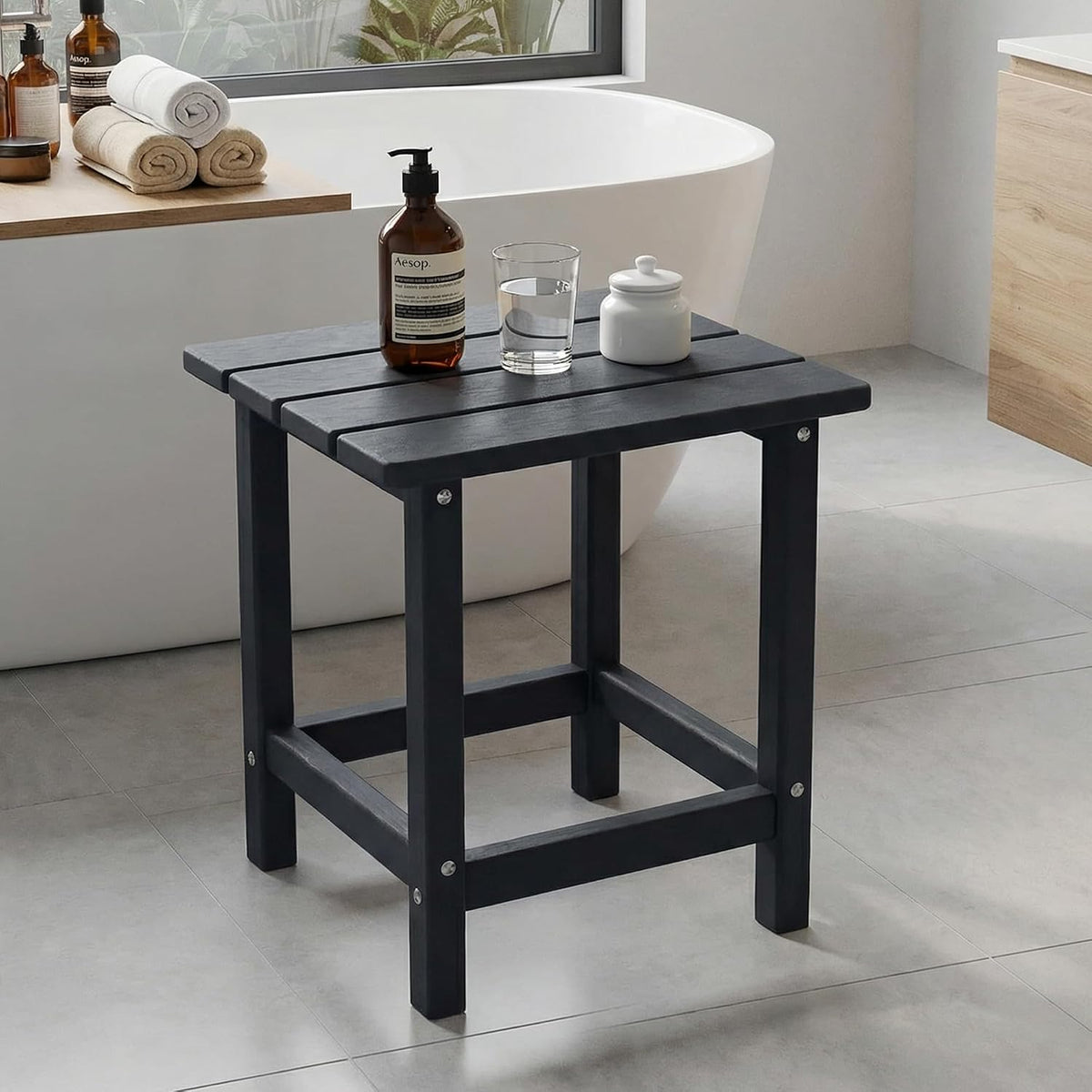 Waterproof HDPE Shower Stool, Side Table for Patio Conversation Set, Black