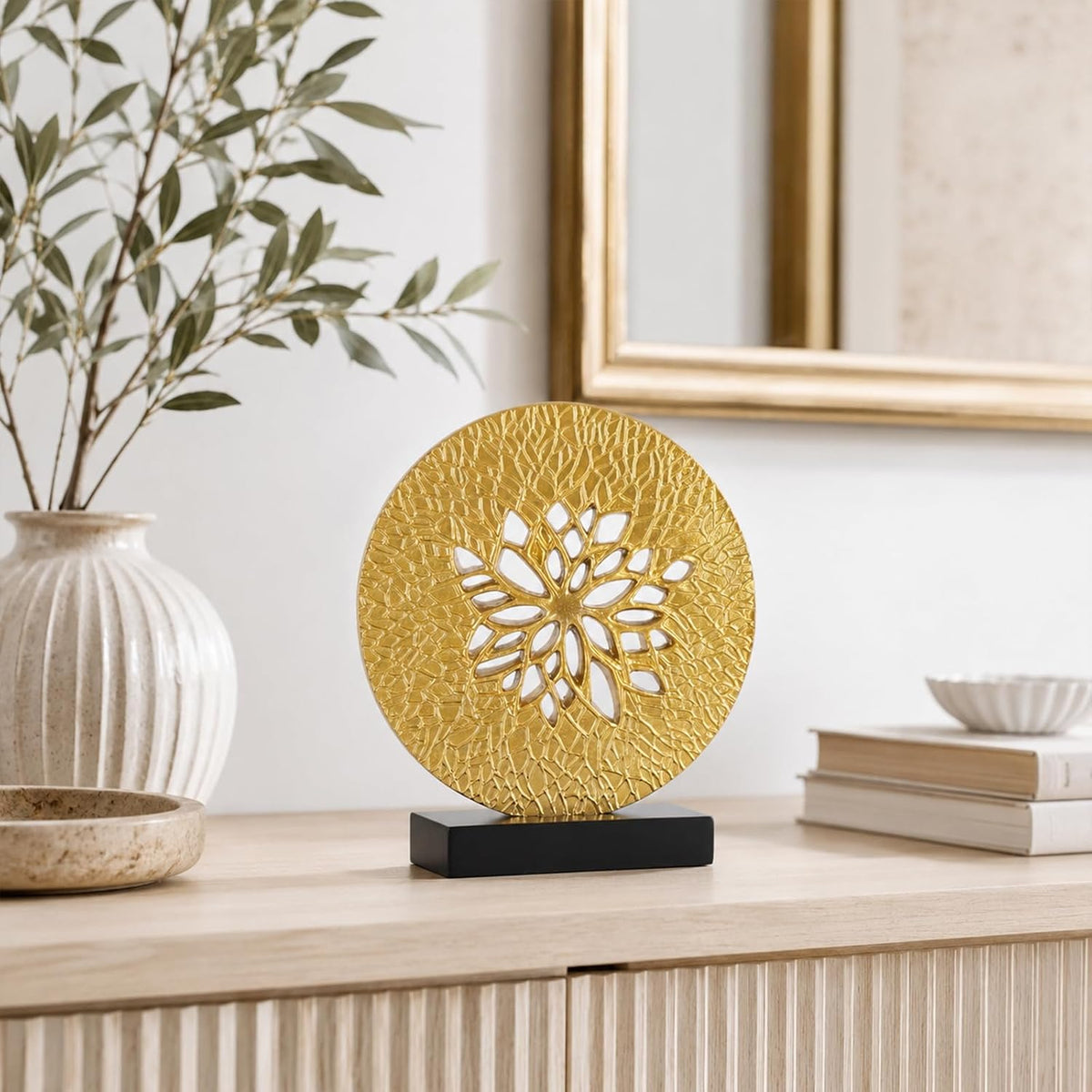 Tree of Life Decorative Sculpture, Round Openwork Tabletop Decor for Cabinet Top, Shelf, Mantel, Console Table, TV Stand and Living Room Home Decor