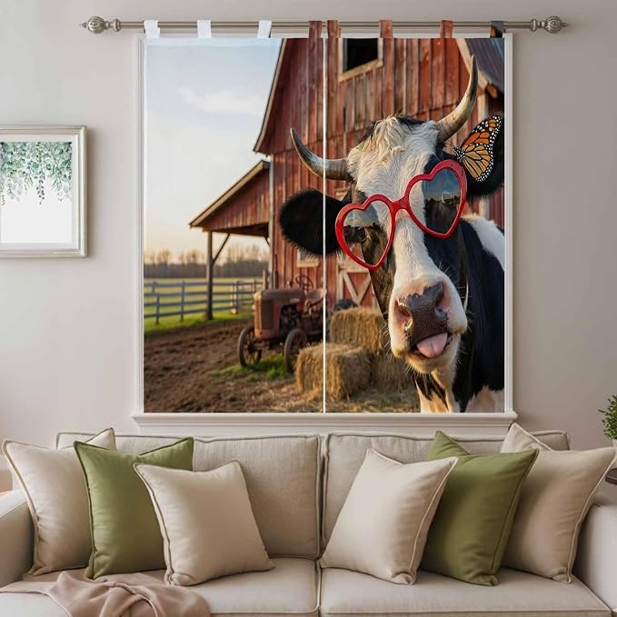 Farm Cows Bedroom Curtains 72 Inch Length, Window Curtains Tab Top, Farmhouse