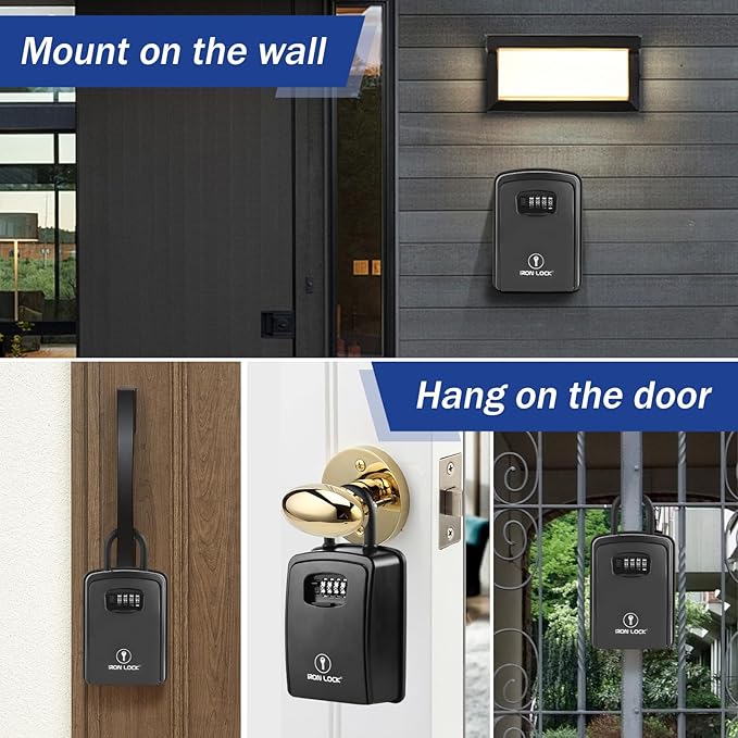 Iron Lock® Key Lock Box Portable with U-Shackle – XXL Waterproof Heavy-Duty Metal Safe with 4-Digit Combination for Spare Keys Outside on Door Knob, Fence or Gate (Black, XXL)