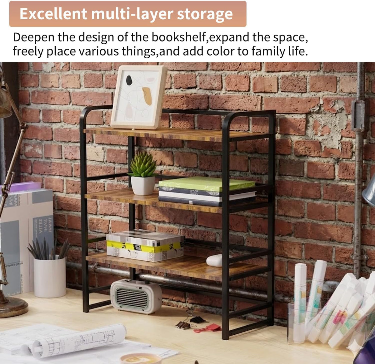 Office Desk Shelf Organizer, Wood Desktop Bookshelf Supplies Storage Rack, Shelf for Top of Desk and Dresser and Cubicle Decor Aesthetic Bookshelf (Black Black, Three Tier, 11.81Lx7.87Wx22.05H)
