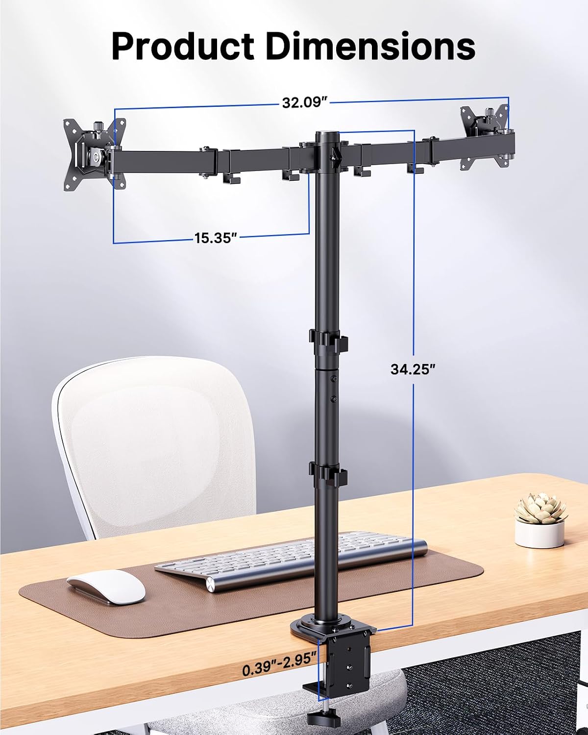 HUANUO Dual Monitor Stand for 13-32 Inch Screens, Tall Pole Desk Mount,Larger Base, Ideal for Sit-Stand Workstations, 22 lbs per Arm, VESA 75x75/100x100mm, Tilt Swivel Rotation, Cable Management