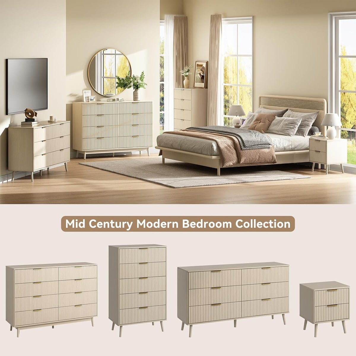 CARPETNAL Fluted 5 Drawers Dresser for Bedroom, 45" Tall Wooden Chest of Drawers with Rounded Corners, Gold Handles, Modern Storage Organizer for Bedroom, Hallway (Beige)