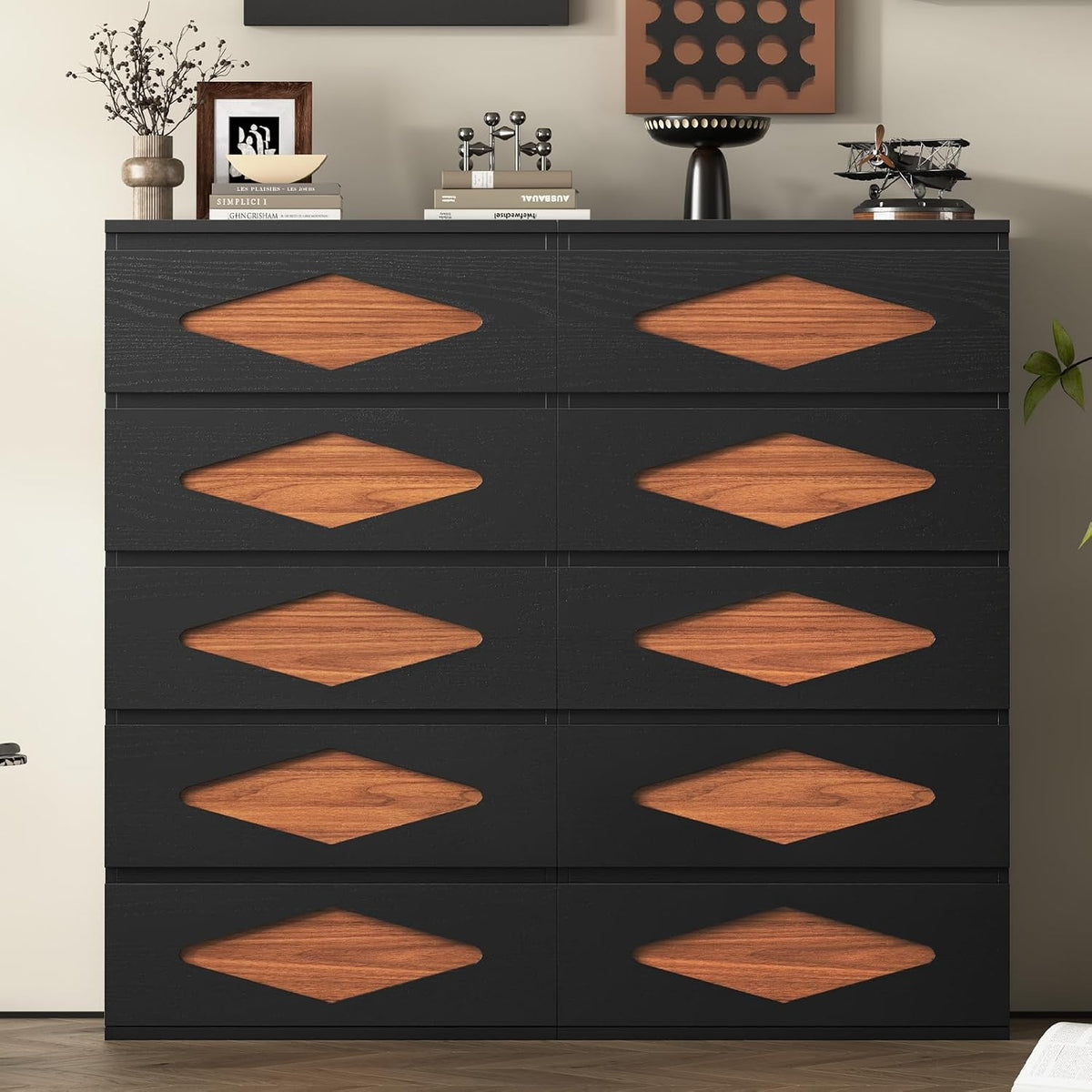 UPOSOJA Tall Dresser for Bedroom, 5 Chest of Wooden Drawers, Vintage Dresser, Closet Storage Dressers Organizer for Bedroom, Living Room, Hallway (Black+Brown)
