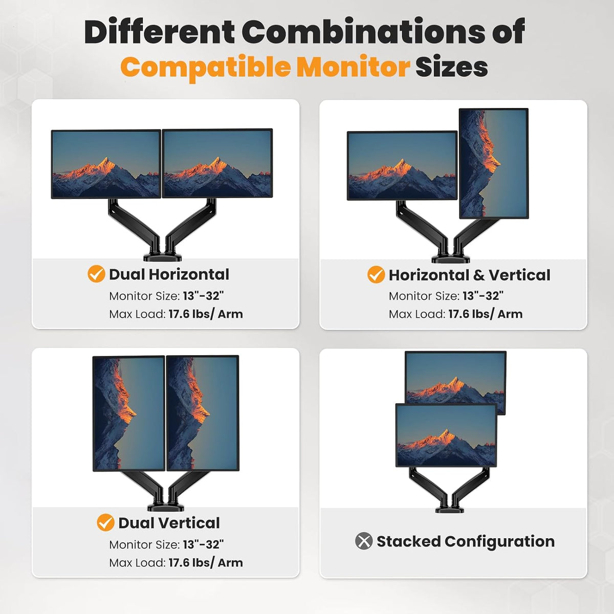 DUMOS Dual Monitor Mount for Desk, Gas Spring Monitor Arm for 2 Monitors Max 32 Inches, Fully Adjustable Double VESA Mount with C-Clamp/Grommet Base, Holds Screen 17.6 lbs