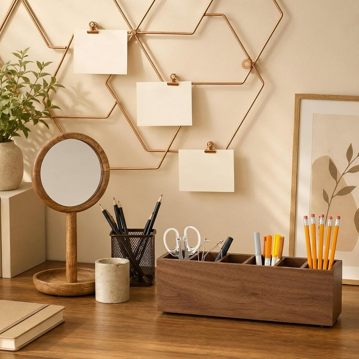 Jetec Wooden Pencil Pen Holder for Desk, Walnut, 6 Compartments