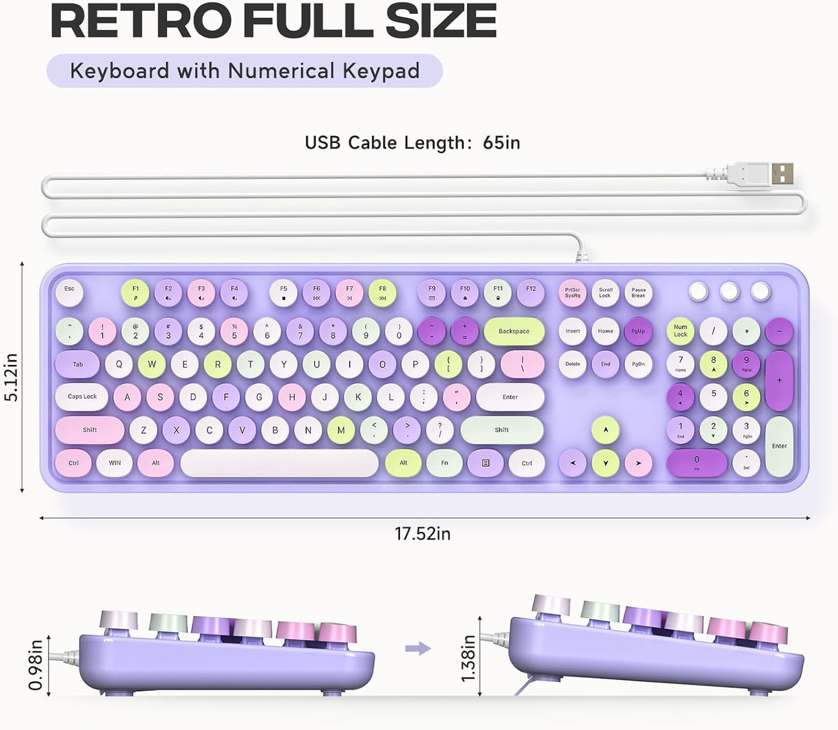 Atelus Computer Wired Keyboard, Plug Play USB Full-Size Keyboard with Large Number Pad, Caps Indicators, Foldable Stands, for Windows 7/8/10 PC Laptop (Purple Colorful)