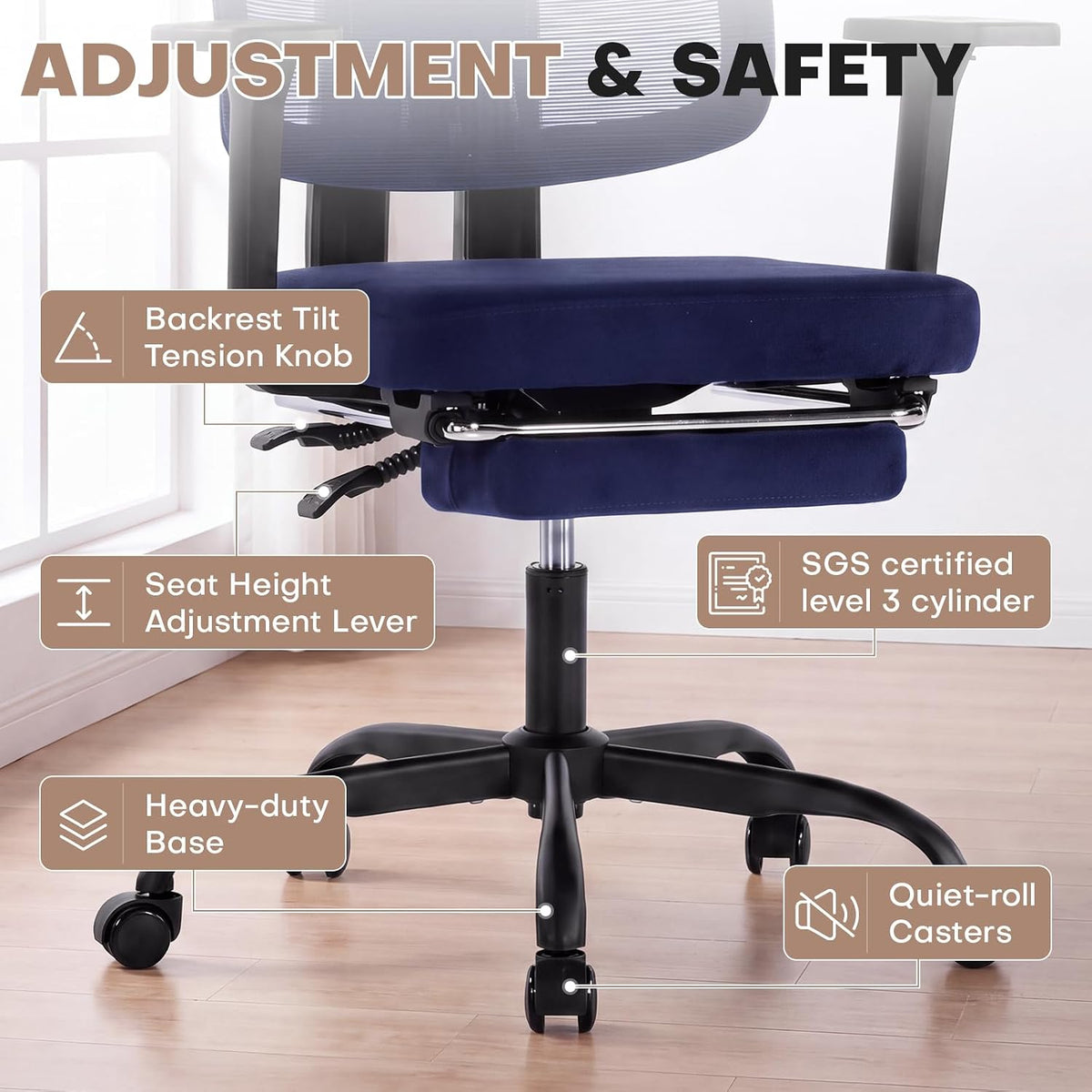Ergonomic Office Chair with Headrest, Lumbar Support and Footrest, Navyblue