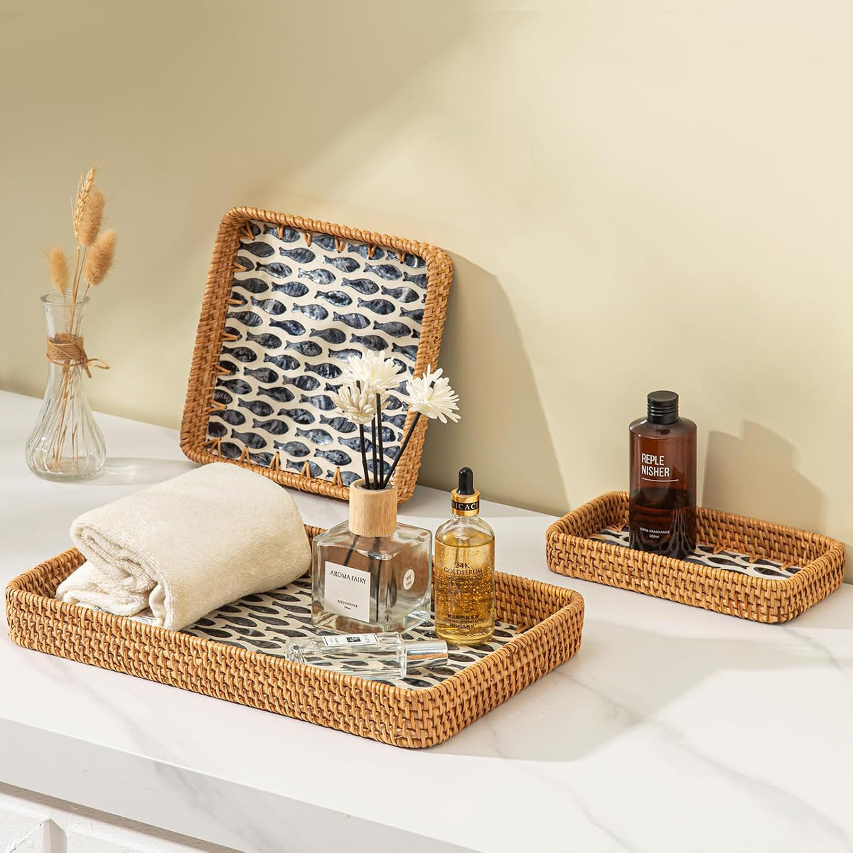 Set of 3 Rattan Serving Trays with Mother of Pearl, Terrekraft