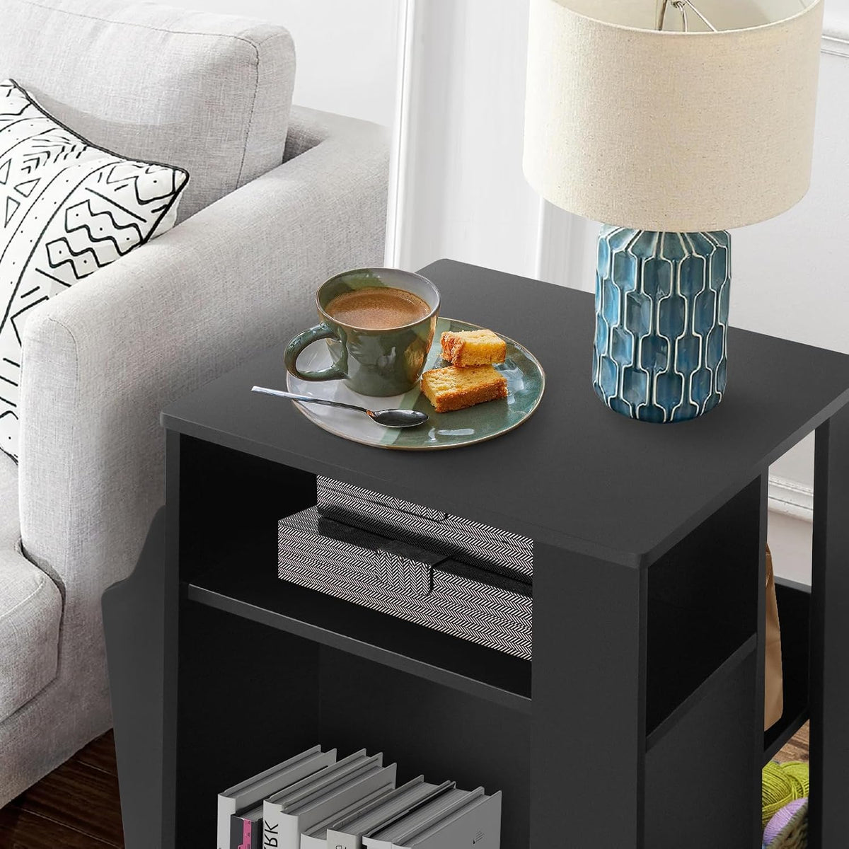 Square Rotating End Table with Storage, 16"D x 16"W x 23.3"H, Black