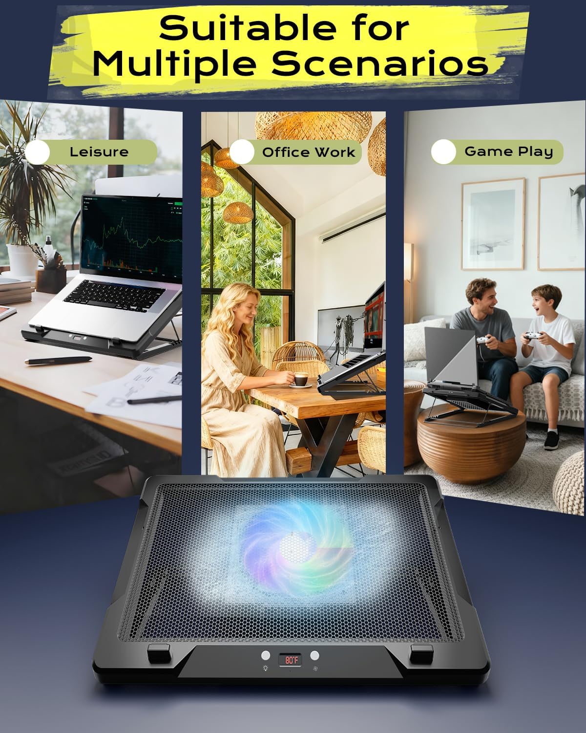 DEPGI Laptop Cooling Pad, Laptop Cooler Stand with 5.5" Movable Fan Easy to Clean, Auto Temp Sensor & 3-Speed Manual Control, Ultra Quiet ≤40dB for 14–17.3 Inch Laptops,Black