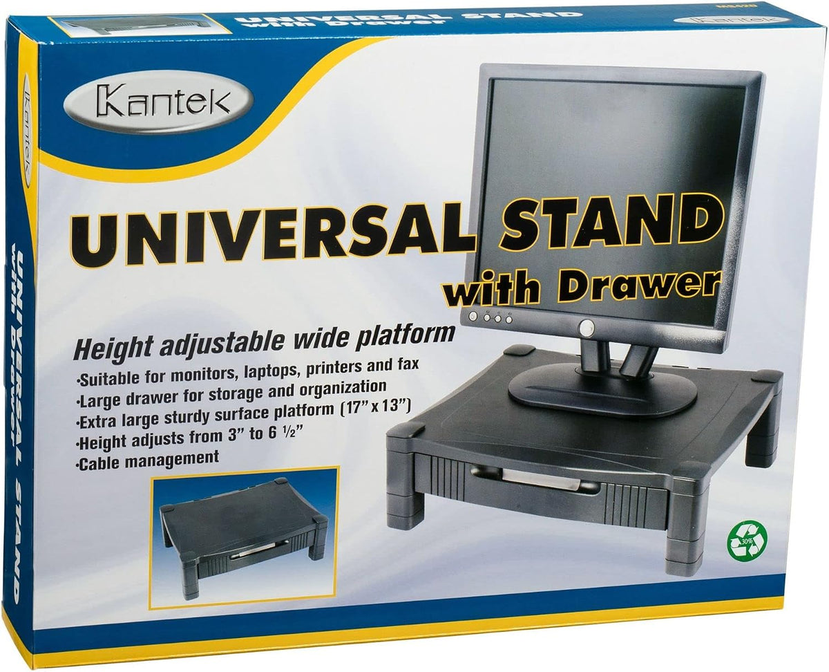 Kantek Monitor Stand With Drawer, 17" X 13.25" X 3" To 6.5", Black, Supports 50 Lbs