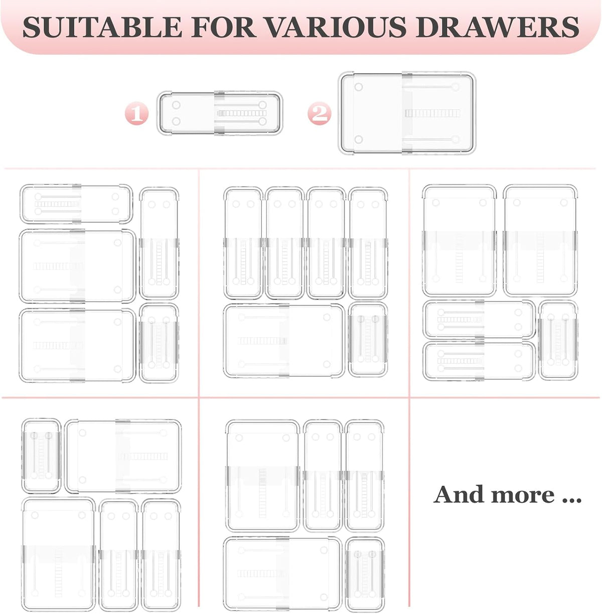 DILIBRA 12 Pcs Clear Extendable Drawer Organizer, Adjustable Drawer Storage