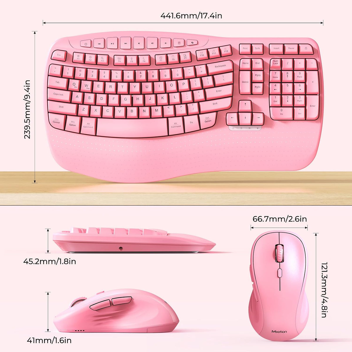 MEETION Ergonomic Wireless Keyboard and Mouse Combo with Wave Keys, Pink