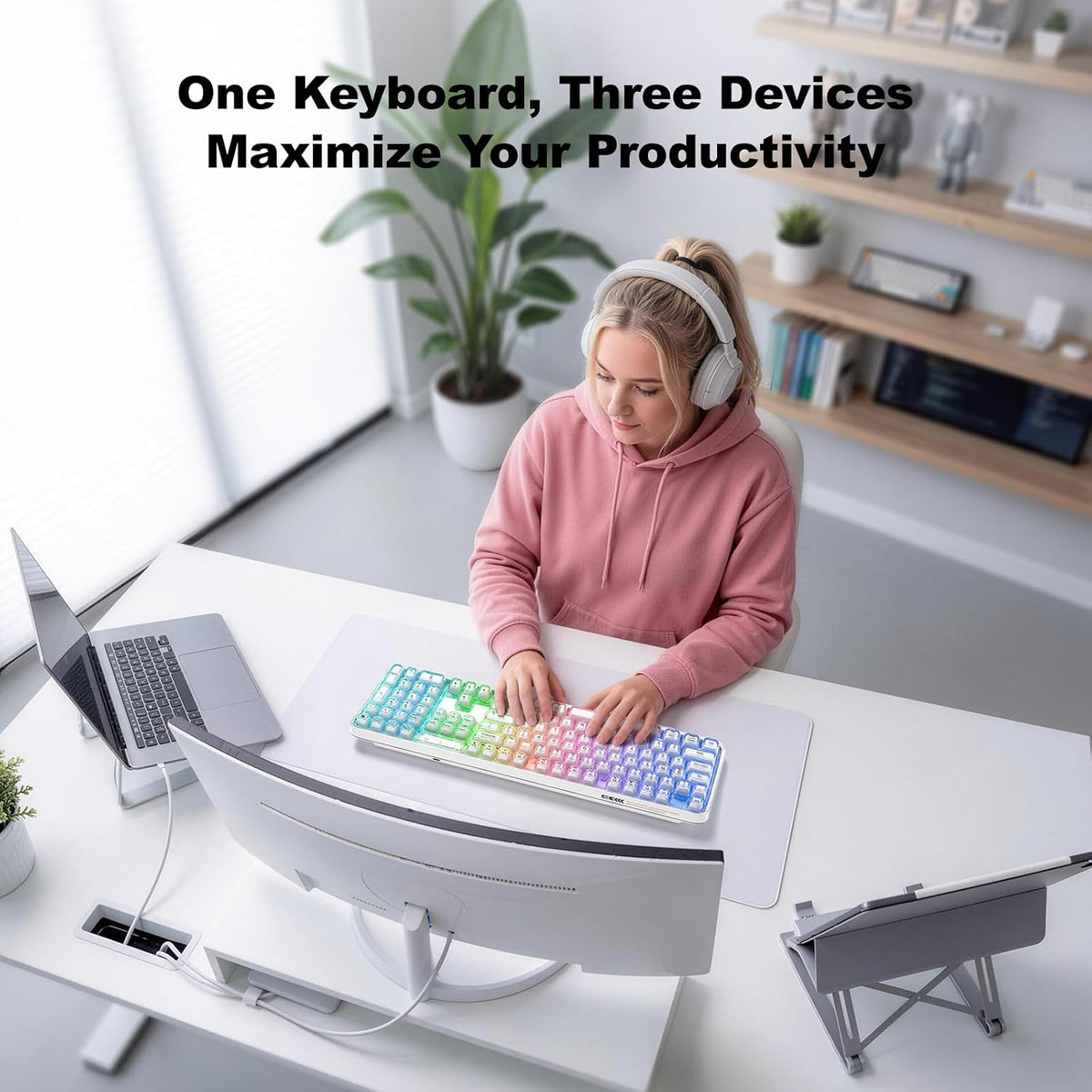 MOFII Wireless Computer Keyboard with RGB Backlit, Tri-Mode Bluetooth 5.0/USB-C/2.4GHz Gaming Keyboard, Full Size Layout, Ergonomic Curved Design for Windows Mac PC Gamers & Office