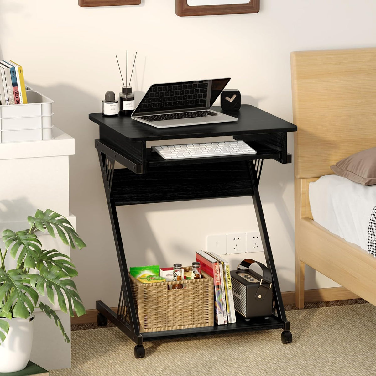 Zenira 24-Inch Small Computer Desk, Z Shape Laptop Desk Cart on Wheels