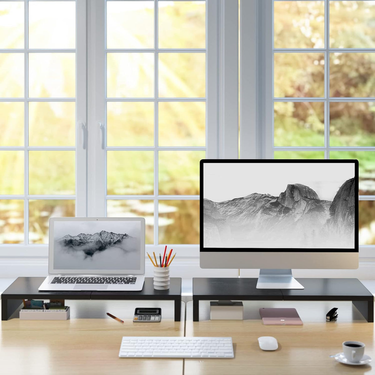 TEAMIX 2-Pack Monitor Stand Riser 20 inch, Wood Desk Computer Shelf, Black