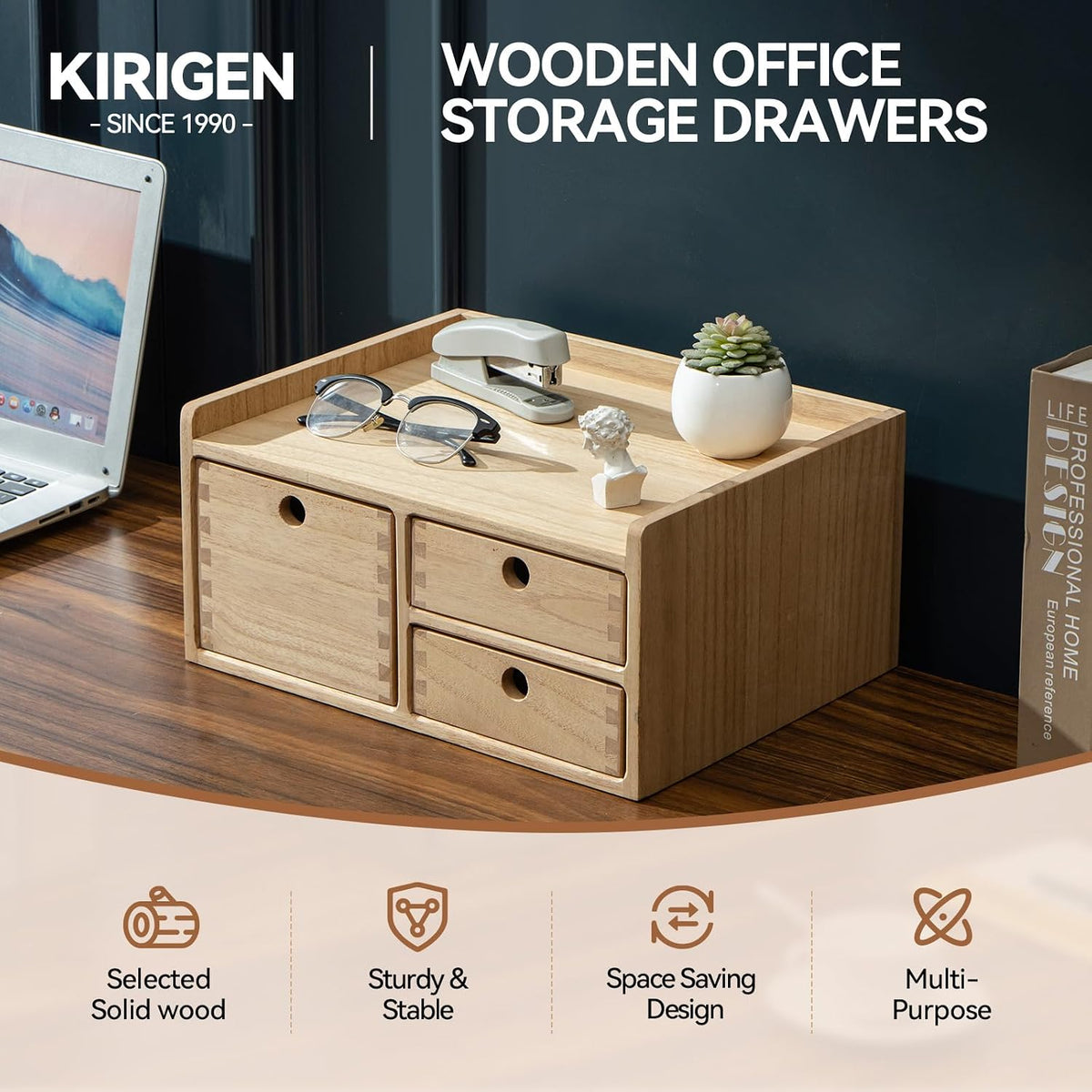 KIRIGEN Wooden Desk Organizer with 3 Drawers and Top Tray Natural DT1D3C-NA