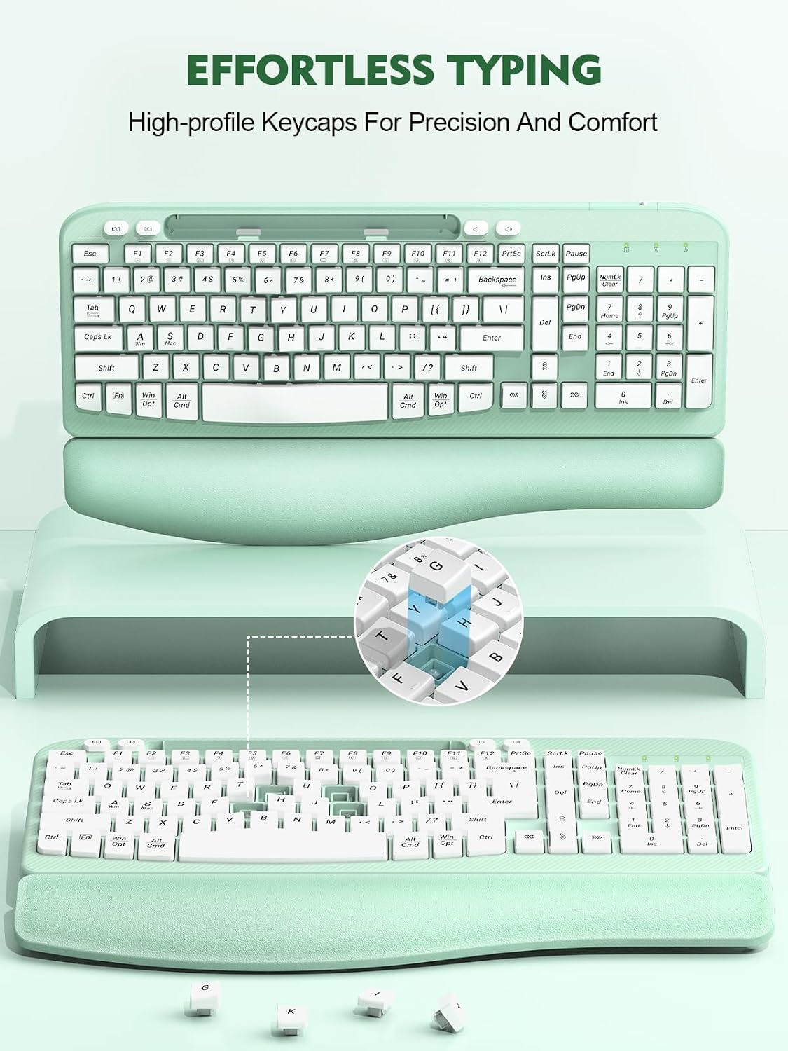 EAYBLLY 2.4G Wireless Ergonomic Keyboard, Full Size Wave Keys with Memory Foam Wrist Rest & 7.28in Phone Holder, USB-C Adapter Included for Windows Mac Chrome OS, Office or Home (Mint Green)