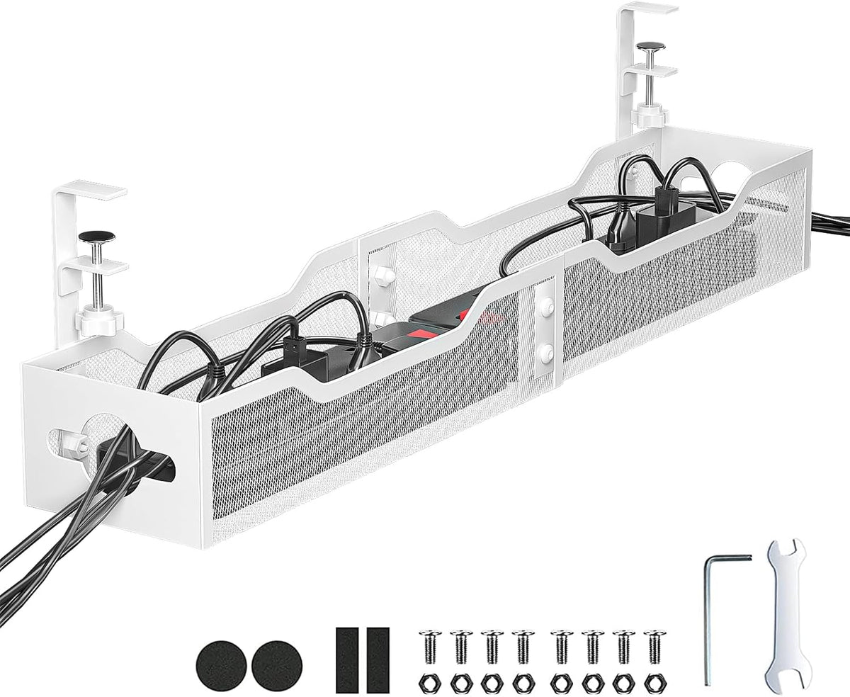 Under Desk Cable Management Tray White, Litwaro Cable Management Under Desk No Drill, 25'' Cable Tray with Clamp for Wire Management, Cord Organizer for Office, Home - No Damage to Table