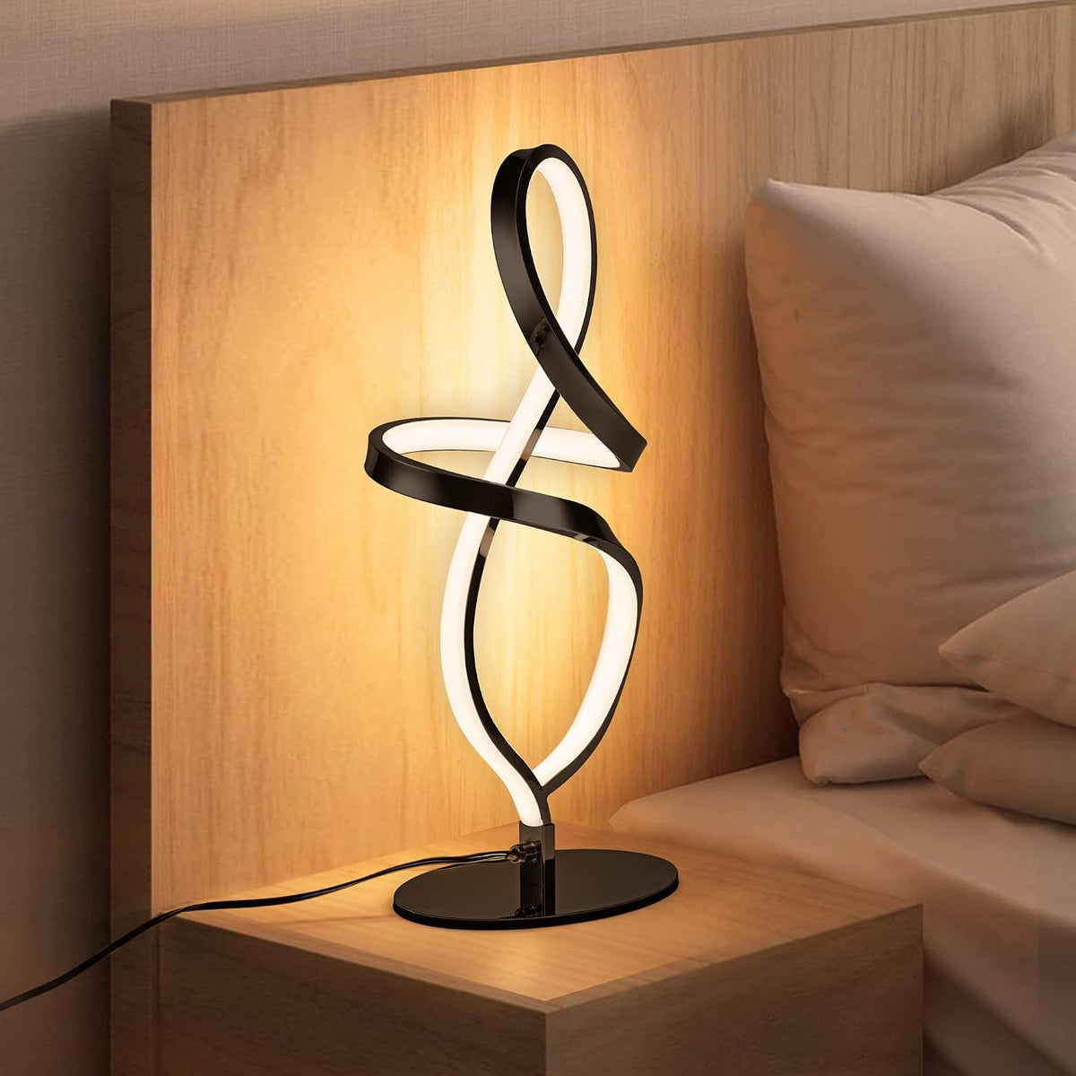 Modern Small Table Lamp with LED Spiral Design, 12W Black Nightstand Lamp