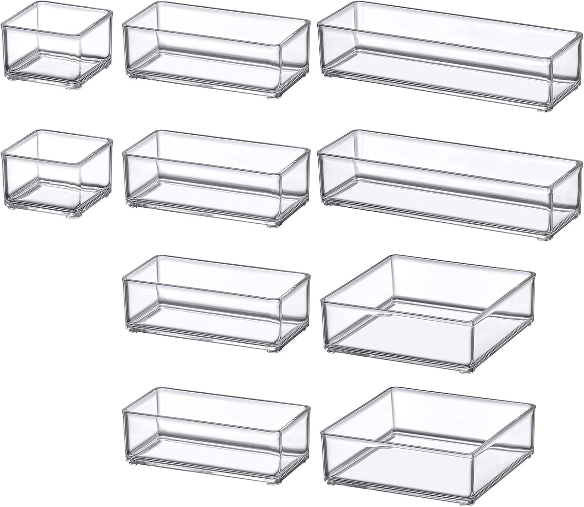 Amazing Abby - QuickSort - Plastic Stackable Organizers (10-Piece Set) for Vanity and Desk Drawer, Perfect Storage Solution for Beauty Products, Office Supplies, Decorative Items, and More