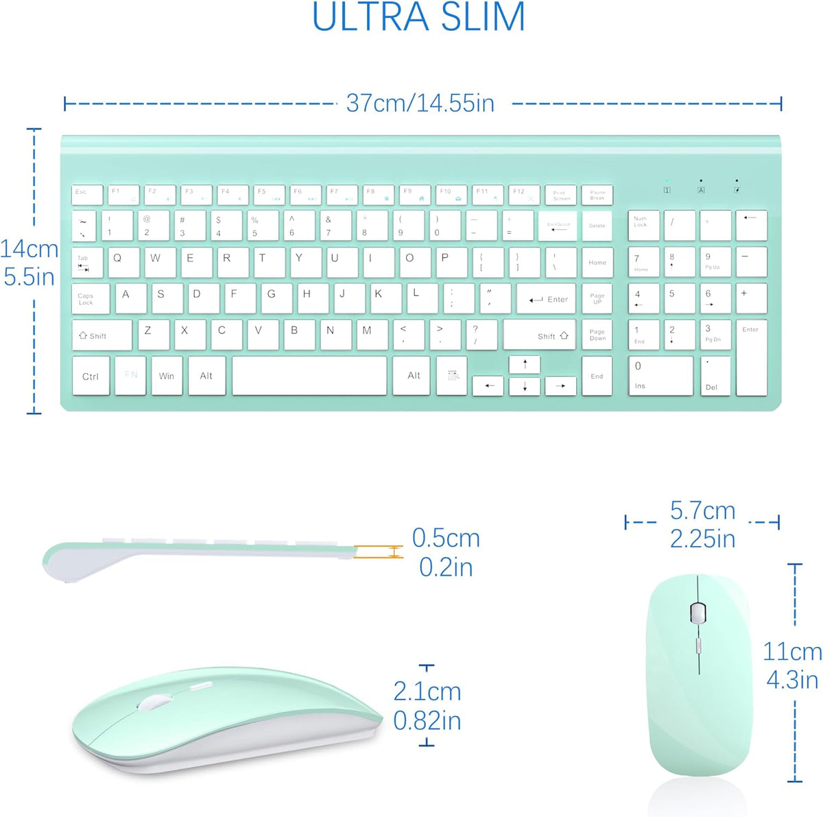 Wireless Keyboard and Mouse Ultra Slim Combo, TopMate - Mint Green