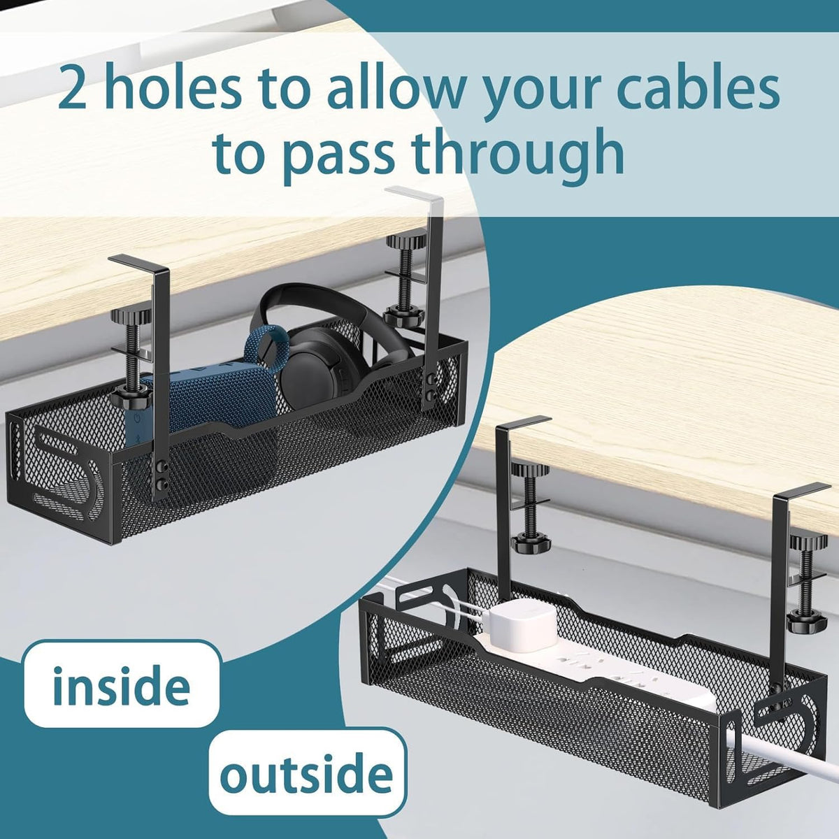 2Pack Under Desk Cable Management Tray, No Drill Mesh Desk Cable Tray