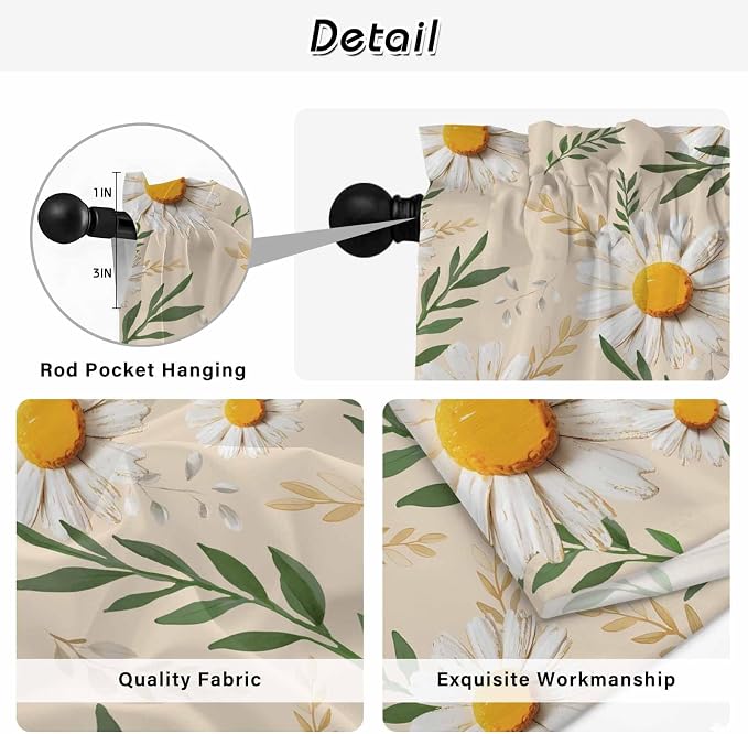 Spring Daisy Tier Curtains, Country Watercolor Flower Leaf Plant Light