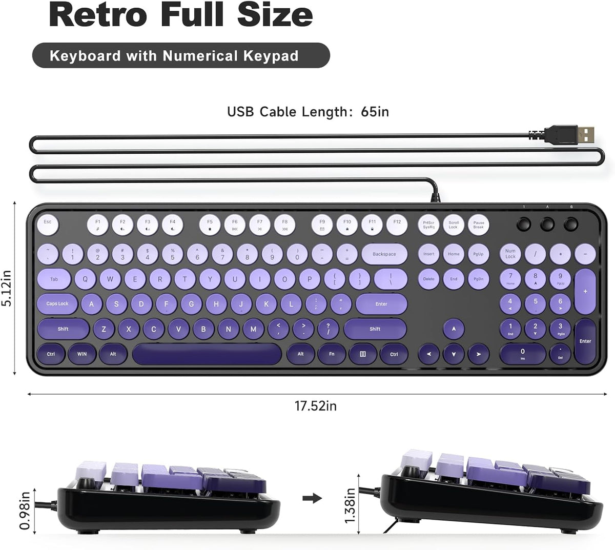Dilter Wired Keyboard and Mouse Combo, Retro Keyboard with Full Size, Cute Cat Shaped Mouse, USB Plug and Play for Windows 7/8/10, Laptop, Desktop, PC, Computer (Black Purple)