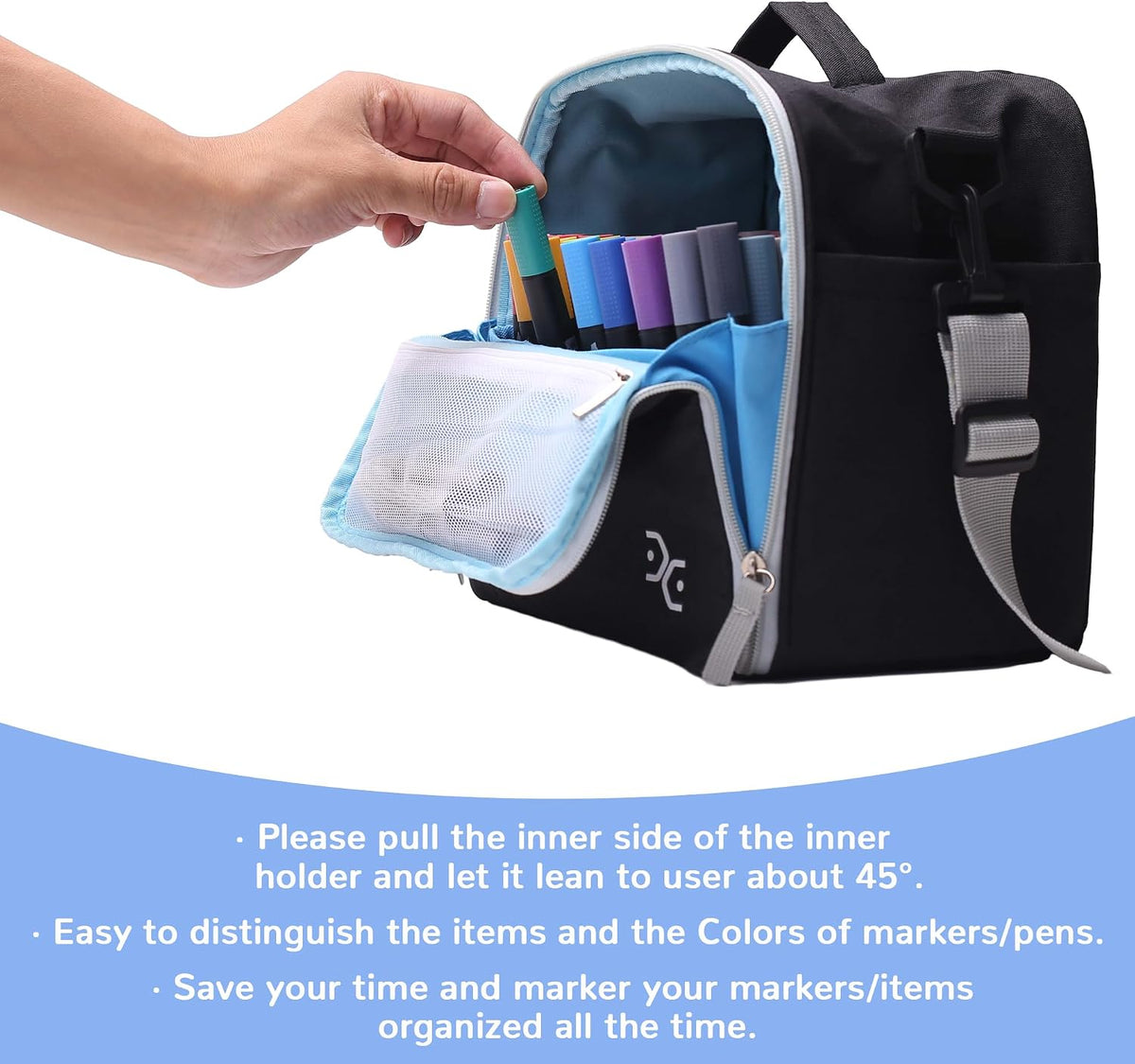 Togood Marker Organizer Bag - Large Storage Crossbody Tote for Marker Pens 130PCS+, Portable Art Supplies Case for Pens, Pencils, Books. Black