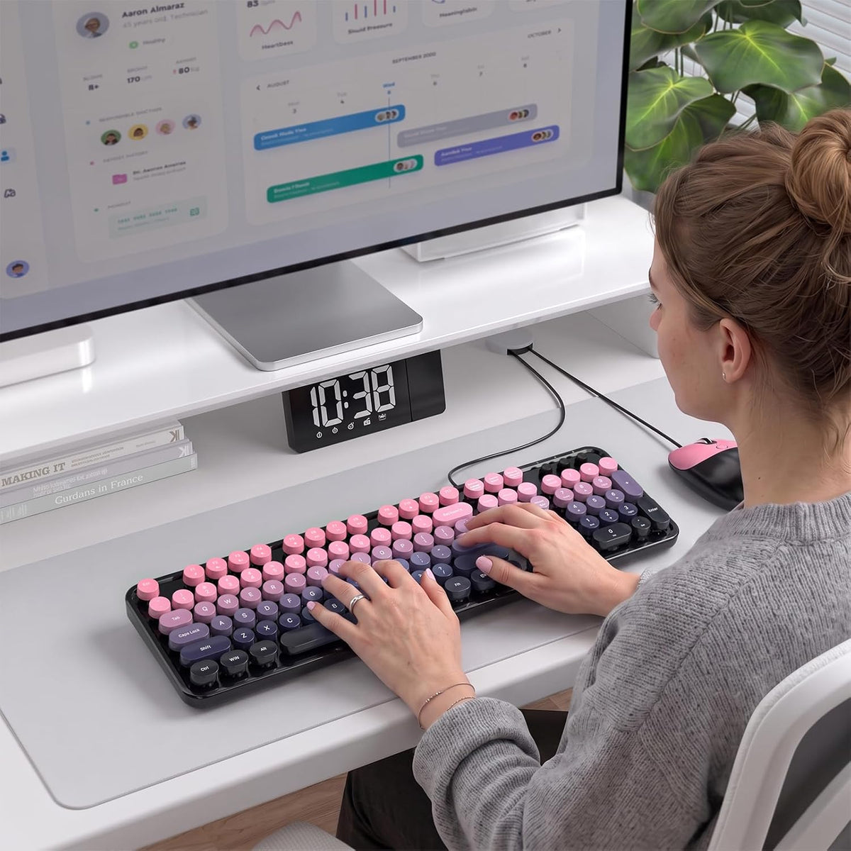 MOFII Wired Retro Typewriter Keyboard and Mouse Combo, Full Size USB Plug & Play for Windows PC Laptop- Plum Pink Gradient