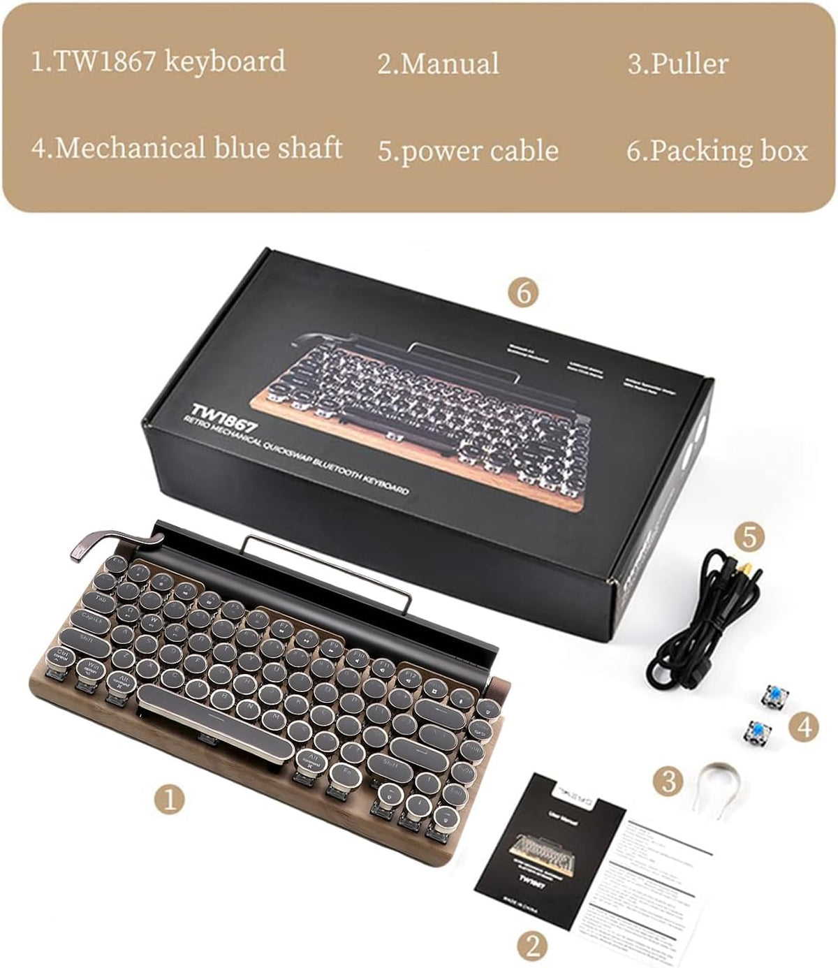 83-Key Mechanical Keyboard - Retro Typewriter Wireless Bluetooth Gaming Keyboard, Anti-Ghosting Blue Switch (Wood)
