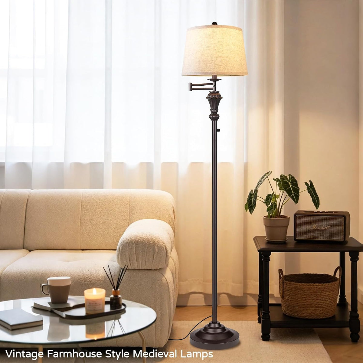 Dimmer Vintage Floor Lamp,Tall Standing Lamp with Adjustable Swing Arm,Brown Rustic Pole Lamps with Dimmer LED Bulb,Farmhouse Floor Lamps for Living Room Decor & Bedroom Office Reading