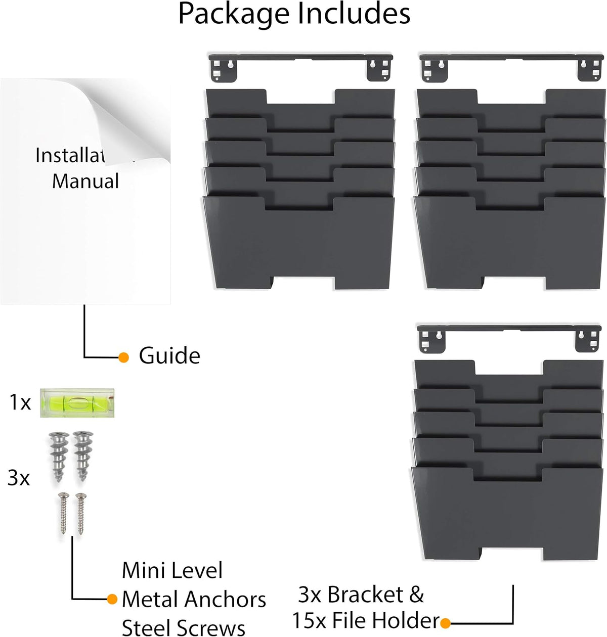 Wallniture Lisbon 15-Tier Wall Mounted File Holder and Desk Organizer, Metal Gray Office Organization and Storage Rack