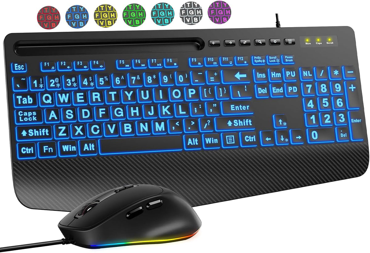 SABLUTE Wired Large Print Backlit Keyboard and Mouse Combo with Palm Rest
