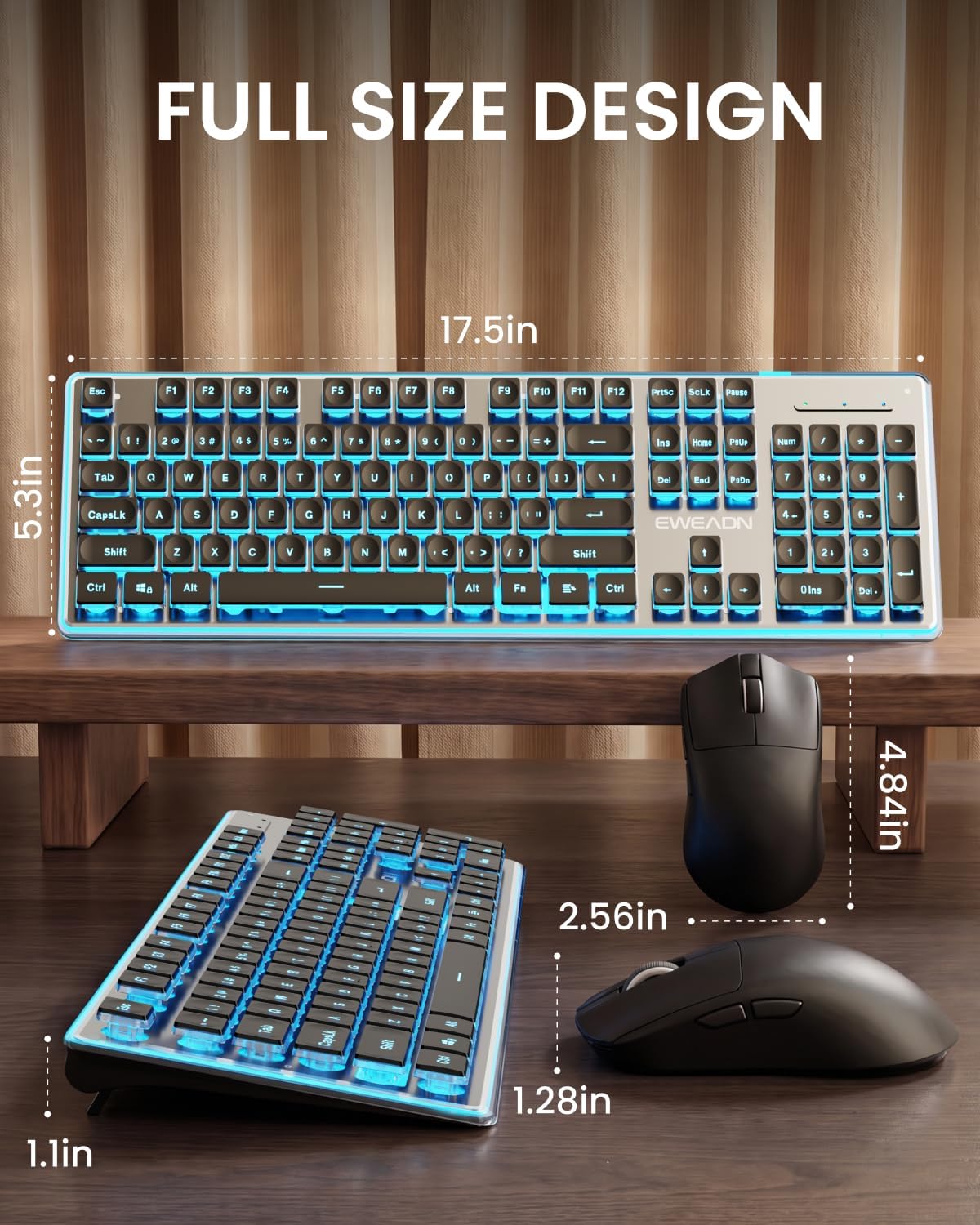 Wireless Keyboard and Mouse Combo with Blue Backlit, Rechargeable-Black