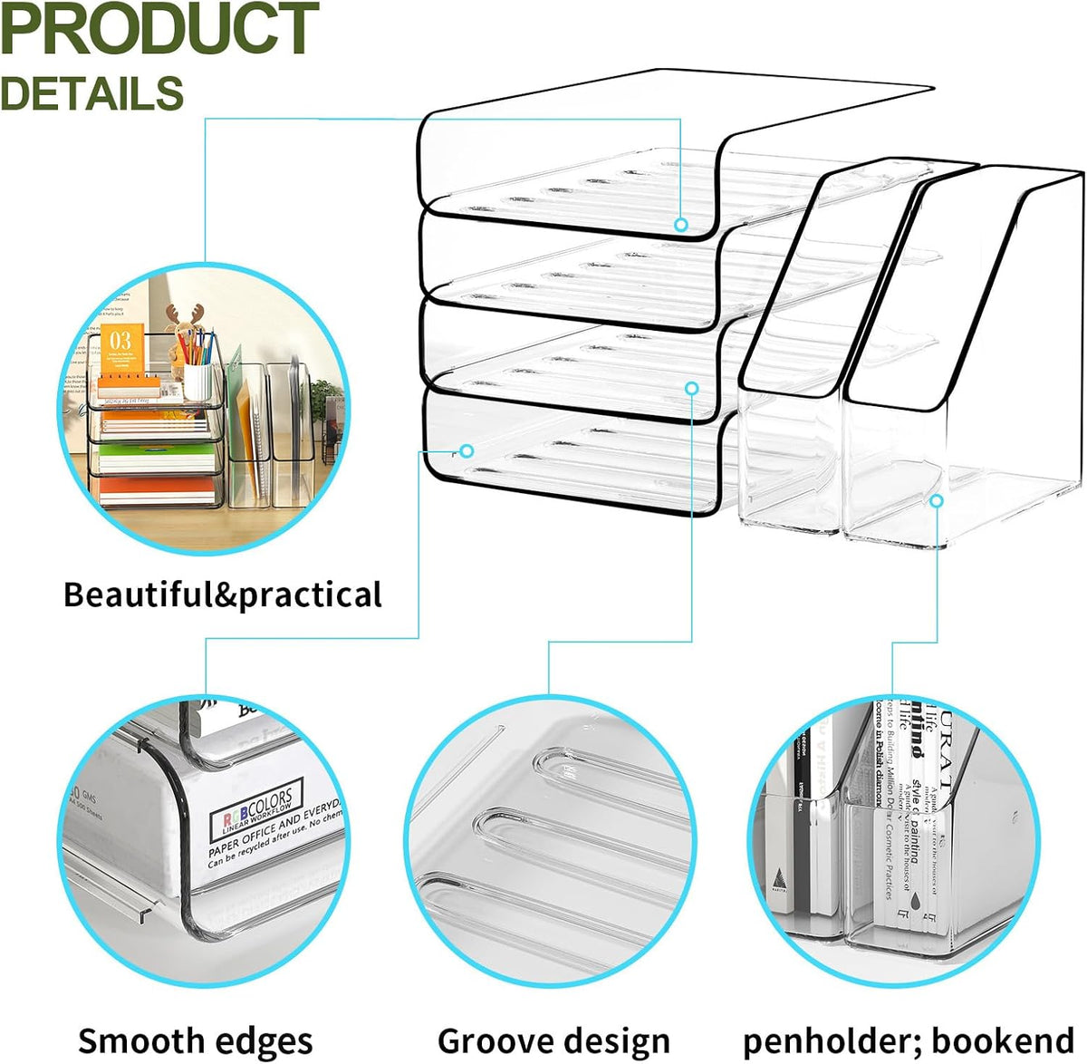 FANXIYQ 4-Tier Acrylic Paper Tray Organizer with Bookends, Paper Organizer