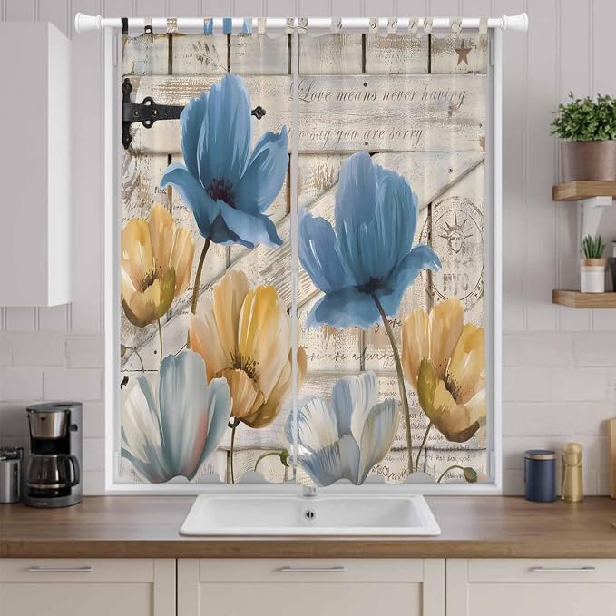 Blue Yellow Tulips Living Room Curtains 84 Inch Length, Window Curtains Tab Top