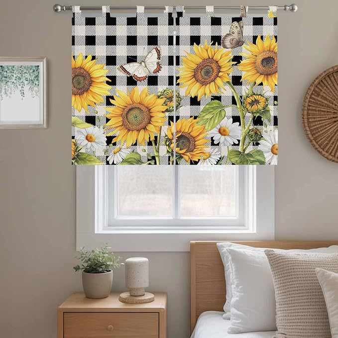 Sunflowers Kitchen Curtains 45 Inch Length, Short Cafe Window Curtains Tab Top